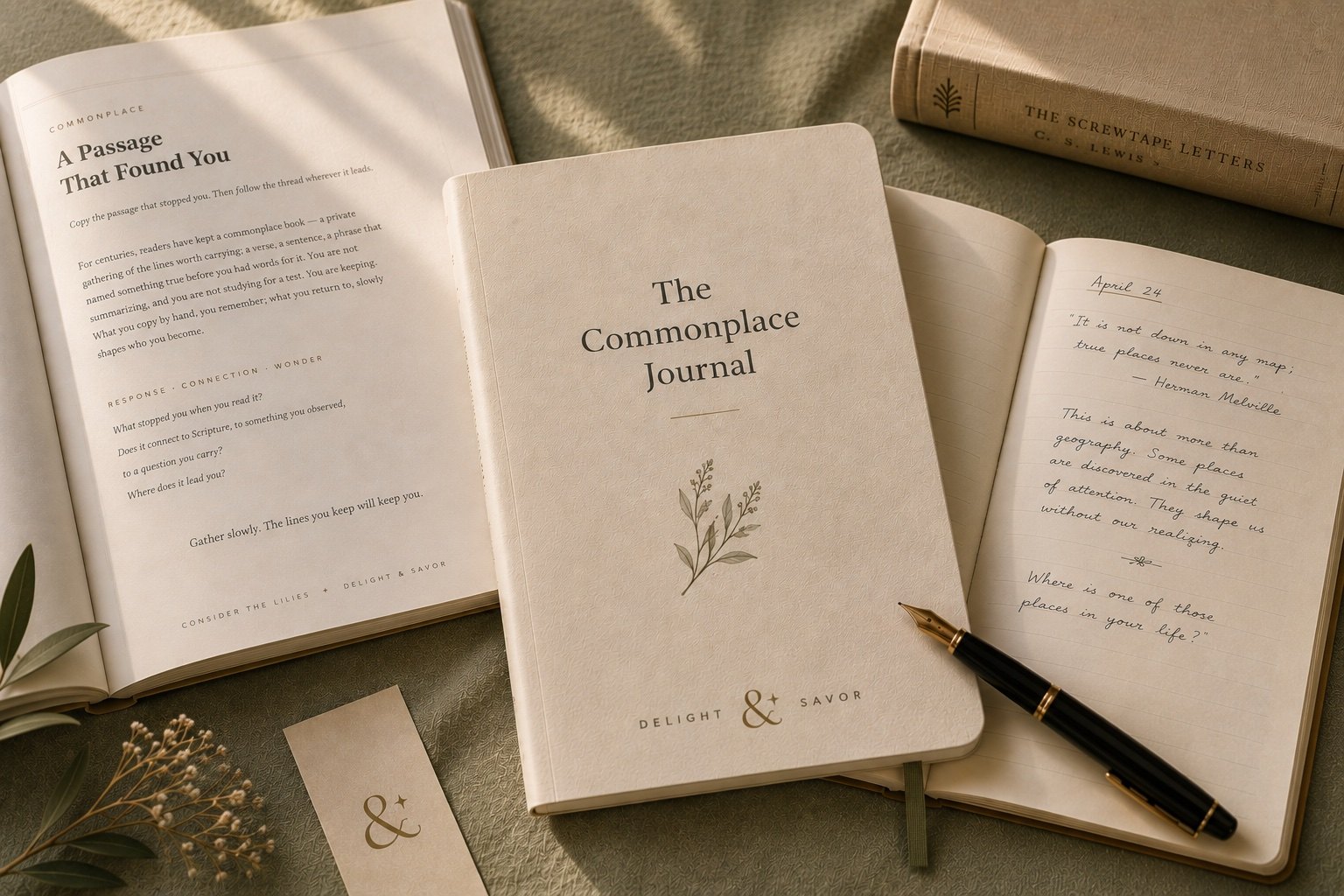 Flat-lay — the guide, a journal, an open notebook